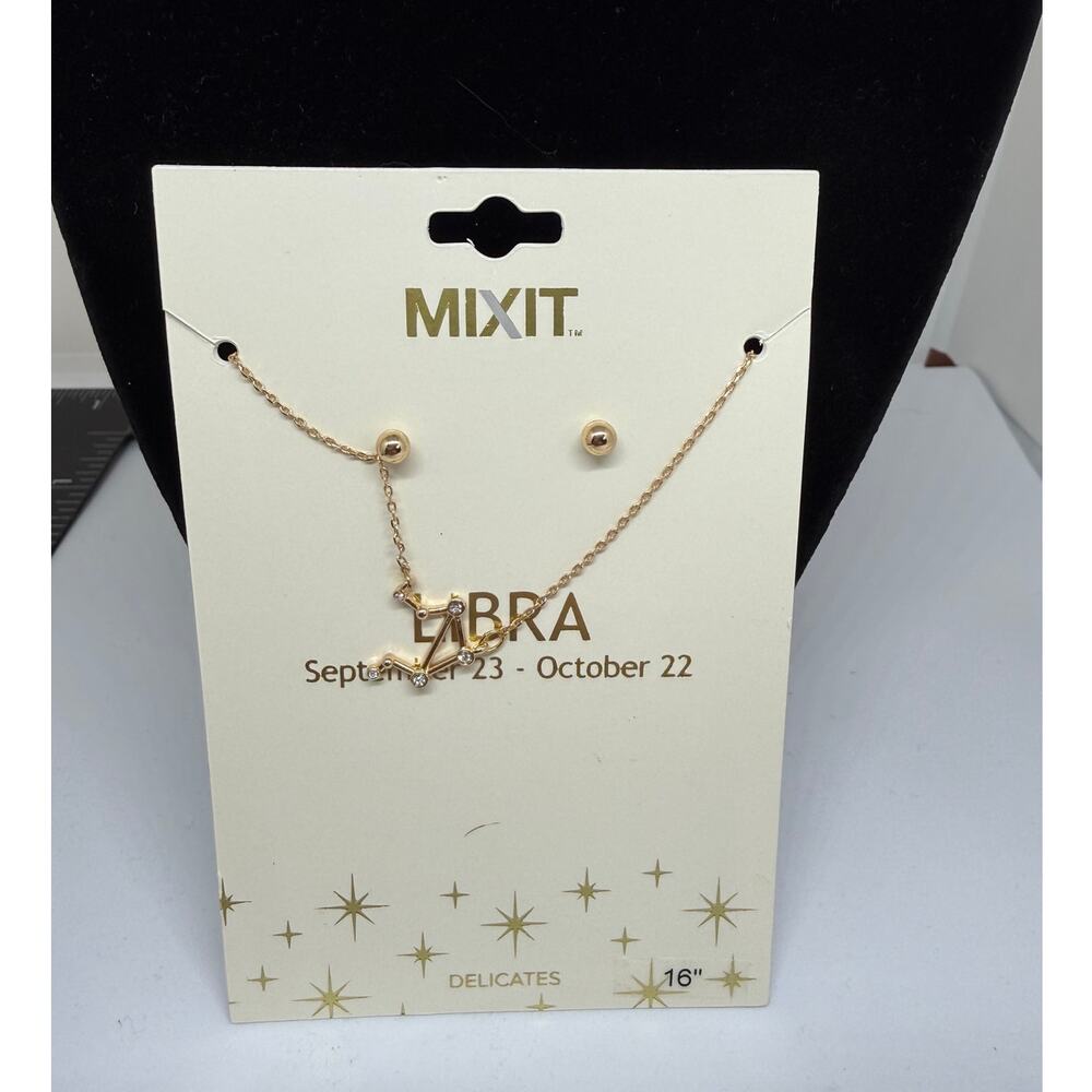 Libra Zodiac Necklace Earring Set Jewelry Mixit Gold Tone 16 Inch Astrology NWT